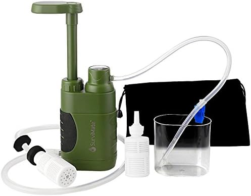 SurviMate Portable 0.01micron Water Filter Pump with 3 Filter Stages,2 Replaceable Pre-Filter, Water Purifier Pump with Activated Carbon Filter for Hiking Camping Traveling and Emergency use (Green)