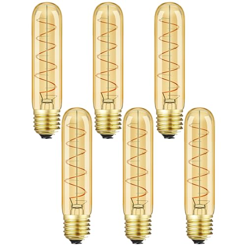 Leools Vintage T10 LED Edison Light Bulb Super Thin Filament, 40 Watt Warm Light Vanity Night Amber Bulbs, Dimmable Tubular Incandescent E26 LED Edison Bulb 40W Warm Warm 2200K, 6 Pack