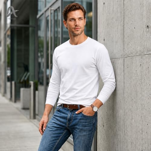 Image of Men's Long Sleeve T-Shirt 100% Cotton Plain Crew Neck Casual Regular Fit Soft Basic Tee for Men