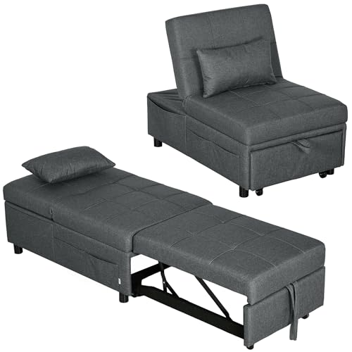 HOMCOM 3-in-1 Schlafsessel mit Bettfunktion, ausziehbares Schlafsofa, Schlafstuhl mit Seitentasche, Verstellbarer Rückenlehne, bis 150 kg belastbar, für Wohnzimmer,Schlafzimmer, Grau
