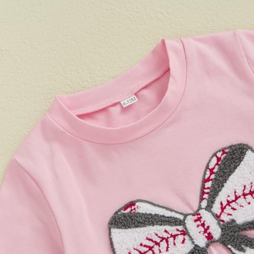Gueuusu Toddler Baby Girl Summer Outfits Baseball Bow Fuzzy Embroidered T Shirt Top Shorts 2Pcs Baseball Game Day Clothes4
