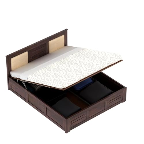 Image of Ganpati Arts Solid Sheesham Wood Swiss Queen Size Bed with Hydraulic Storage and Headboard | Wooden Double Bed Cot Palang Furniture for Bedroom, Living Room, Hotels, and Home (Walnut Finish)