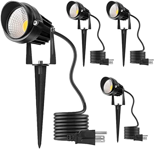 kooplicht Outdoor LED Warm White Spot Lights, 3000K Landscape SpotLights, 12W IP65 Waterproof Garden Lights, Metal Case COB Lighting with Spiked Stand for Lawn Decorative Lamp US 3- Plug (4 Pack)