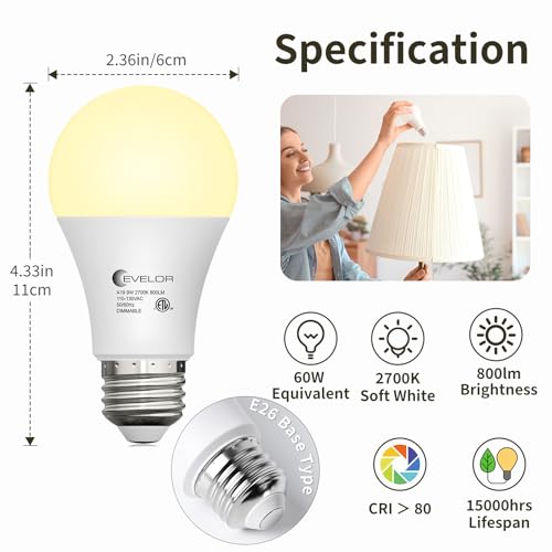 evelor 12-Packs A19 LED Light Bulbs,Soft White 2700K,Dimmable,E26 Base,9W - image 2