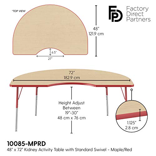 Image of FDP Kidney Activity School and Office Table (48 x 72 inch), Standard Legs with Swivel Glides for Collaborative Seating Environments, Adjustable Height 19-30 inches - Maple Top and Red Edge