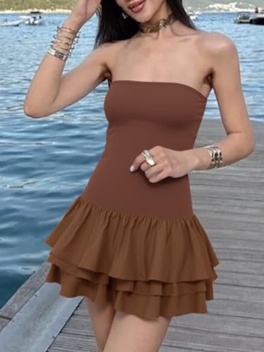 Image of Yousify Womens Sexy Strapless Tube Dress Summer Sleeveless Tiered Ruffle Club Party Mini Dresses with Built-in Shorts