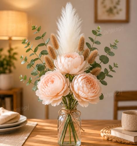 Image of Divyakosh Artificial Flowers for Vase (Vase Not Included) Light Peach Peony Bouquet with Eucalyptus, Bunny Tails & Pampas Grass for Living Room, Table Centerpiece, Home Decor