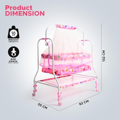 Image of BUBBLEBABY Baby Cradle | Jhula | Baggi | Palna | Ghodiyu | Ventilated | with Swing & Mosquito Net | 0-12 Months | Four Wheels with Brake | Storage | Polypropylene | Safe & Sturdy | Foldable | Pink
