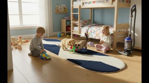 Image of Fluffy Silky Micro Fiber Polyster Carpet /Runner for Bedroom, Study Room, Playing Room, Guest Room ETC. 2x6 feet Feet, (Blue and Ivory Chevron Pattern)