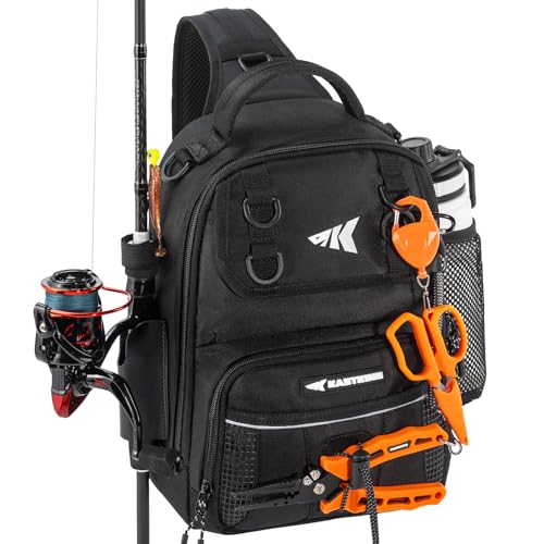 KastKing BaitSpace Standard Fishing Tackle Sling Bag, Water-resistant Sling Pack for Bank, Wader & Boat Fishing, Rod & Beverage Holder, Adjustable Straps, Durable 420D Nylon Fabric