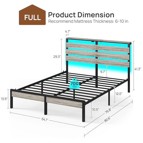 Image of Rolanstar Bed Frame Full Size with USB Charging Station, LED Bed Frame with Wood Storage Headboard, Light Grey Metal Platform Bed with Under Bed Storage, No Box Spring Needed, Noise Free