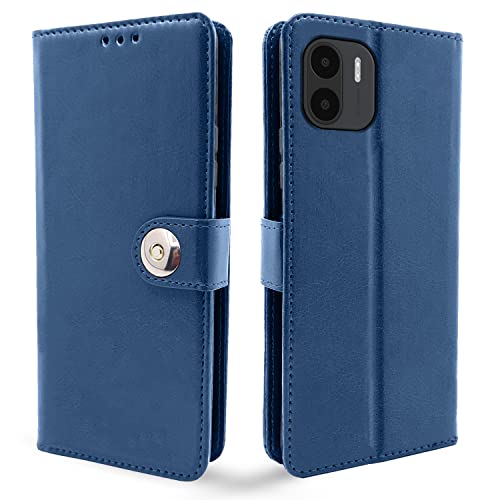 Image of Pikkme Redmi A1 | Redmi A2 Flip Cover Leather Finish | Inside TPU with Card Pockets | Wallet Stand and Shock Proof | Complete Protection Button Flip Case (Blue)
