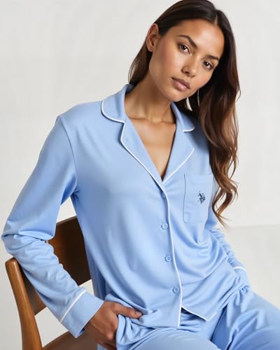 Image of U.S. POLO ASSN. Womens Lightweight Notch Collar Pajama Set | Classic Button Down Pajamas for Women with Long Sleeve Top and Pajama Pants