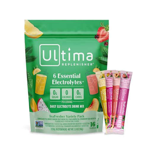 Image of Ultima Replenisher Electrolyte Powder & Instant Tea Drink Mix - TeaFresher Variety, 16 Stickpacks - Sugar Free Electrolytes Hydration Packets with Fruit & Tea Fusions - Plant Based & Keto Friendly​