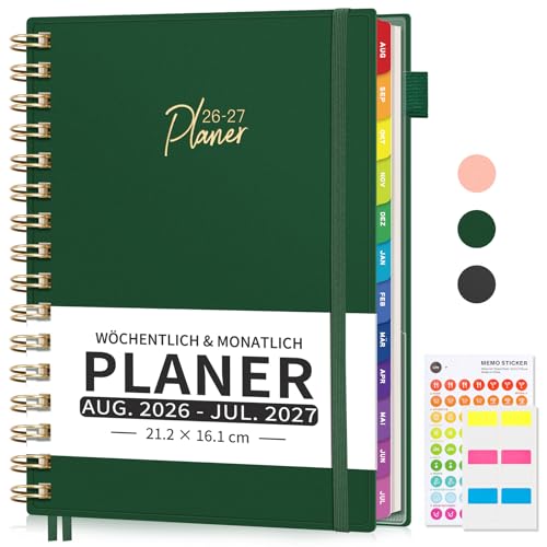 EMSHOI Kalender 2026 2027 Terminplaner Wochenplaner A5 Terminkalender mit 30-Min-Intervallen Schulplaner Notizbuch für August 2026 bis Juli 2027 - Dunkelgrün