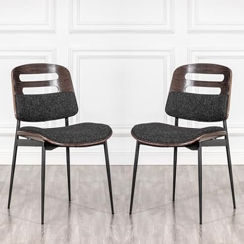 LUNLING Mid Century Modern Side Dining Chairs, Black Linen Fabric Upholstered Bentwood Seat,Sturdy Metal Legs,Adjustable Foots for Kitchen Dining Room Desk Chairs, Armless,Set of 2 Cover