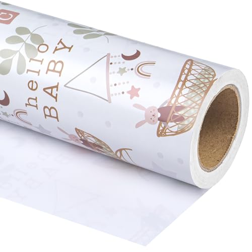 WRAPAHOLIC Jumbo Baby Shower Wrapping Paper - 30 Inch x 100 Feet Jumbo Roll - Hello Baby and Rabbit in Bassinet Design for Neutral Baby Shower, Boys Girls Kids Birthday