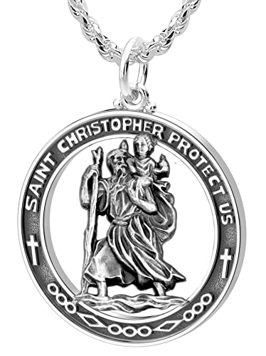 US Jewels Men's Large 925 Sterling Silver 39mm Saint Christopher Medal Pendant Necklace, 18in to 24in