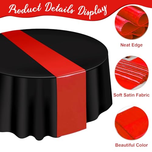 Image of 12Pack 12x108 Inch Satin Table Runner and 84 Inch Round Plastic Tablecloths Set Black and Red Disposable Round Table Cover for Graduation Wedding Bridal Shower Anniversary Birthday Party Decorations