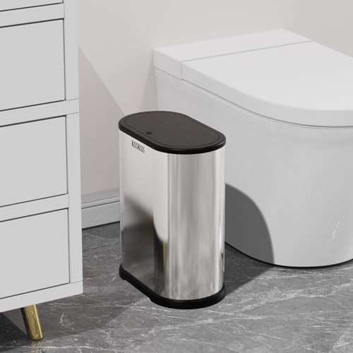 Image of KSSKSS 1.8 Gallons Small Stainless Steel Trash Can with Press Type Lid, Slim Bathroom Garbage Bin, Removable Liner Bucket, Dog Proof Narrow Wastebasket with Pop-Up Lid for Bedroom,Toilet (Silver)