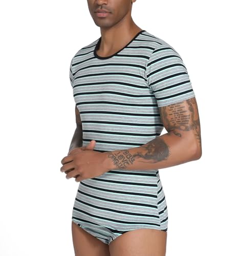 Men Short Sleeve Romper Pajama Bodysuit One Piece Rompers Stripe Onesie Leotard Top - Stripe Maker 5