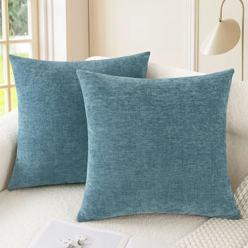 Image of CaliTime Throw Pillow Covers Decorative 24 X 24 Inches Pack of 2 Cozy Chenille Cushion Cases for Couch Sofa Bed Living Room Home Smoke Blue