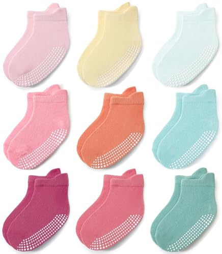 JAKIDAR ベビー 幼児 ソックス ノンスリップ 9足 コットン アンクルグリップソックス 男の子 女の子 赤ちゃん キッズ 乳児 子供用, レインボー, 2-4Tの商品画像（Amazon）