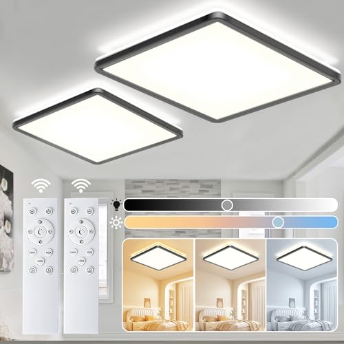 NEEMOSI 24W LED Plafon Led Techo, 3200LM Plafon de Techo Cuadrado Regulable con Mando a Distancia para Dormitorio, Cocina, Salón Balcón (2 Pack, Negro)