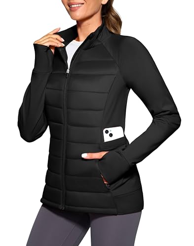 G Gradual Women's Running Fleece Lined Jackets 6 Pockets Lightweight Water Resistant Puffer Warm Jacket for Hiking Travel (Black,L)