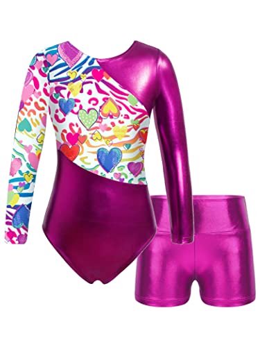 Kids Girls Long Sleeve Gymnastics Leotards with Shorts Biketard 2 Pieces Ballet Dance Outfits Tracksuit