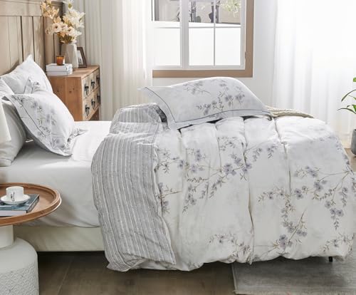 Image of SLEEPBELLA Reversible Duvet Cover King, Elegant Purple Blossom on White, Soft and Breathable