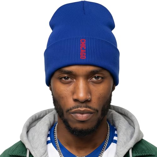 Daxton Vertical USA Cities Cuffed Beanie Winter Knit Hat Skully Cap for Men Women Chicago Royal Red