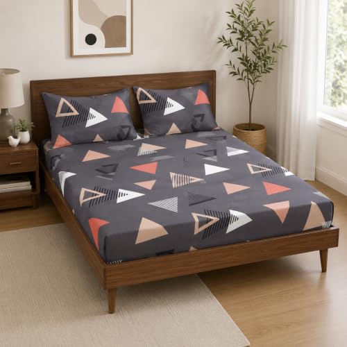 Image of la'amour 100% Cotton Elastic Fitted Bedsheets with 2 King Size Pillow Covers Double Bed with All Around Elastic Supersoft Size - 72 King Sizex78+10 inches Peach & White 200 tc - 220 tc