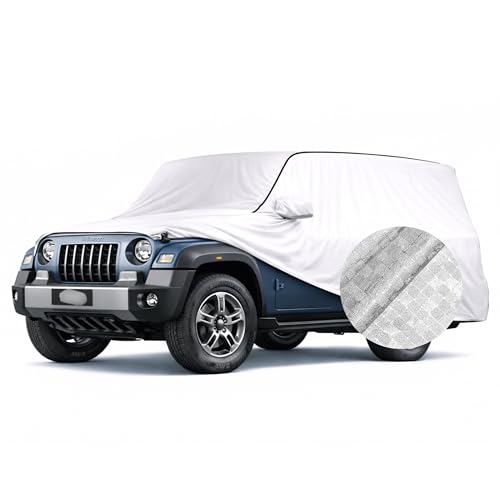 Image of SEAZEN Waterproof Car Cover for Mahindra Thar | Dustproof, UV & Scratch Resistant Soft Cotton Lining | Triple Stitched, Mirror Pockets & Elastic Hem | Metallic Silver with Black Piping