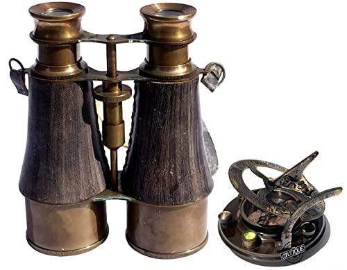 Antique Brass Binocular Spyglass with Leather Shoulder Strap + Victorian Antique Brass Sundial Compass Christmas Decorative Gifts for Men/Women