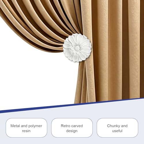 Blossom Curtain Holdbacks, Set of 2 White - Tassel Tiebacks, Wall Hook for Drapes, Vintage Window Decor with Elegant Floral Medallion Design