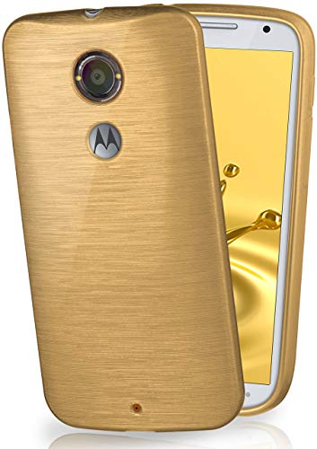 MoEx® Stylische Brushed Aluminium-Optik & starker Grip | Ultra dünne Silikonhülle passend für Motorola Moto X2 in Gold
