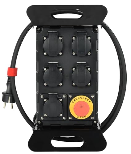 Electraline 60427 Baustellenkoffer, 16 A, 5 französische Steckdosen, IP44, 16 A, mit Fehlerstromschutzschalter 30 mA und Stopp-Taste, Kabel H07RN-F 3G2,5 mm, Länge 2 m