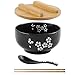 XuRX Japanische Schüssel Ramen Schüssel mit Deckel und Löffel, Schwarze Keramik Ramen Schüssel, Handbemalte Reisschüssel Instant Nudel Schüssel 6.5" (Schüssel, Deckel, Löffel, Stäbchen)