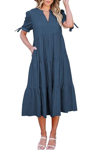 ECOWISH Women Summer Casual Dress - V Neck Short Sleeve Gingham Midi Pleated Tiered Loose Fit Holiday Picnic Dresses