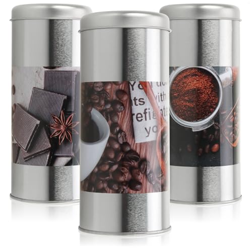 com-four® 3x Kaffeepaddose - Metalldose für Kaffeepads - Blech-Dekodose mit Deckel im modernen Vintage-Design - Aufbewahrungsbehälter für Kaffee, Kakao, Tee, Kekse (3 Stück - Kaffee)