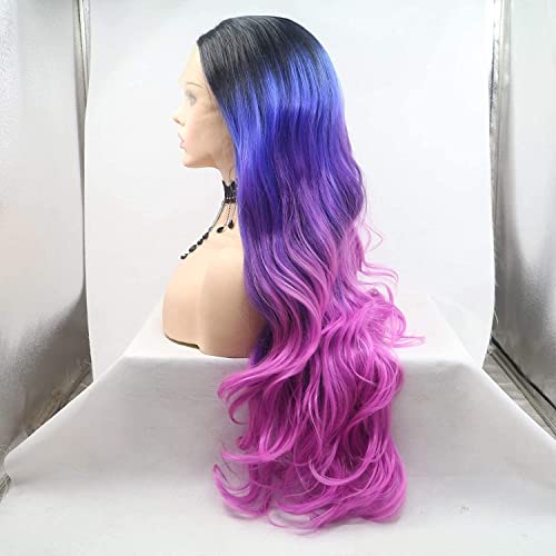 Colour Blue Ombre Dark Purple Rose Red Synthetic Lace Front Wigs for Women 4 Tone Color Heat Resistant Party Cosplay Drag Queen Wigs (Colour Blue Ombre Dark Purple Rose Red) - Image 3