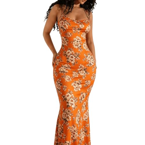 Orange Floral Print Spaghetti Strap Maxi Dress Bodycon Mermaid Evening Gown (4X-Large)