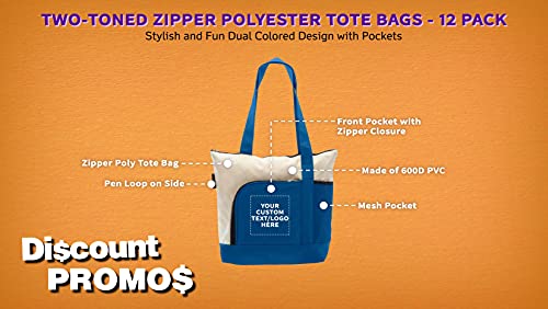 DISCOUNT PROMOS 12 Zipper Polyester Tote Bags Set - Customizable Text, Logo - Two-tone, Zipper Closure, Pen Loop - Blue3