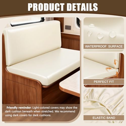 Image of SearchI PU Leather RV Dinette Cushion Covers, Stretch Camper Cushion Slipcovers for Travel Trailer Couch RV Booth Seat, Replacement Camper Sofa Chair Protector(2 Backrest Cover & 2 Bench Cover, Cream)