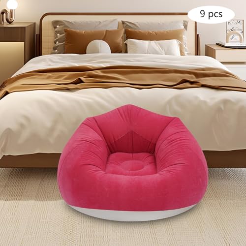 Image of 9 Pcs Inflatable Bean Bag Chairs for Adults with Foot Air Pump, Blow up Couch, Folding Portable Inflatable Couch Lazy Sofa for Outdoor Movie Night Camping (Red)