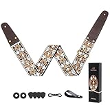 WELAIYOOUQ Guitar Strap, Jacquard Embroidered Cotton Guitar Straps with Double Sided Vegetable Tanned Cowhide Leather Ends for Bass, Electro Acoustic, Great Gift for Kids and Guitarists Brown Jacquard