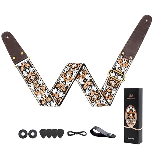 WELAIYOOUQ Guitar Strap, Jacquard Embroidered Cotton Guitar Straps with Double Sided Vegetable Tanned Cowhide Leather Ends for Bass, Electro Acoustic, Great Gift for Kids and Guitarists Brown Jacquard