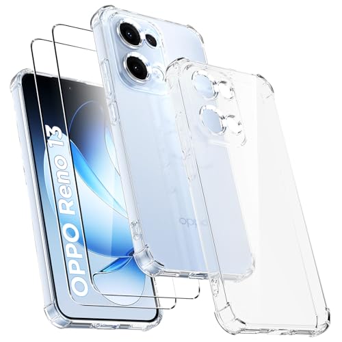 Ikziwreo - Funda para OPPO Reno 13 5G con 2 Piezas de Vidrio Templado, Silicona TPU Transparente Suave [Parachoques con Esquinas Reforzadas], Carcasa Anti-Choque Transparente