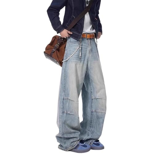 Men's American Patchwork Denim Jeans Straight Wide Leg Pants